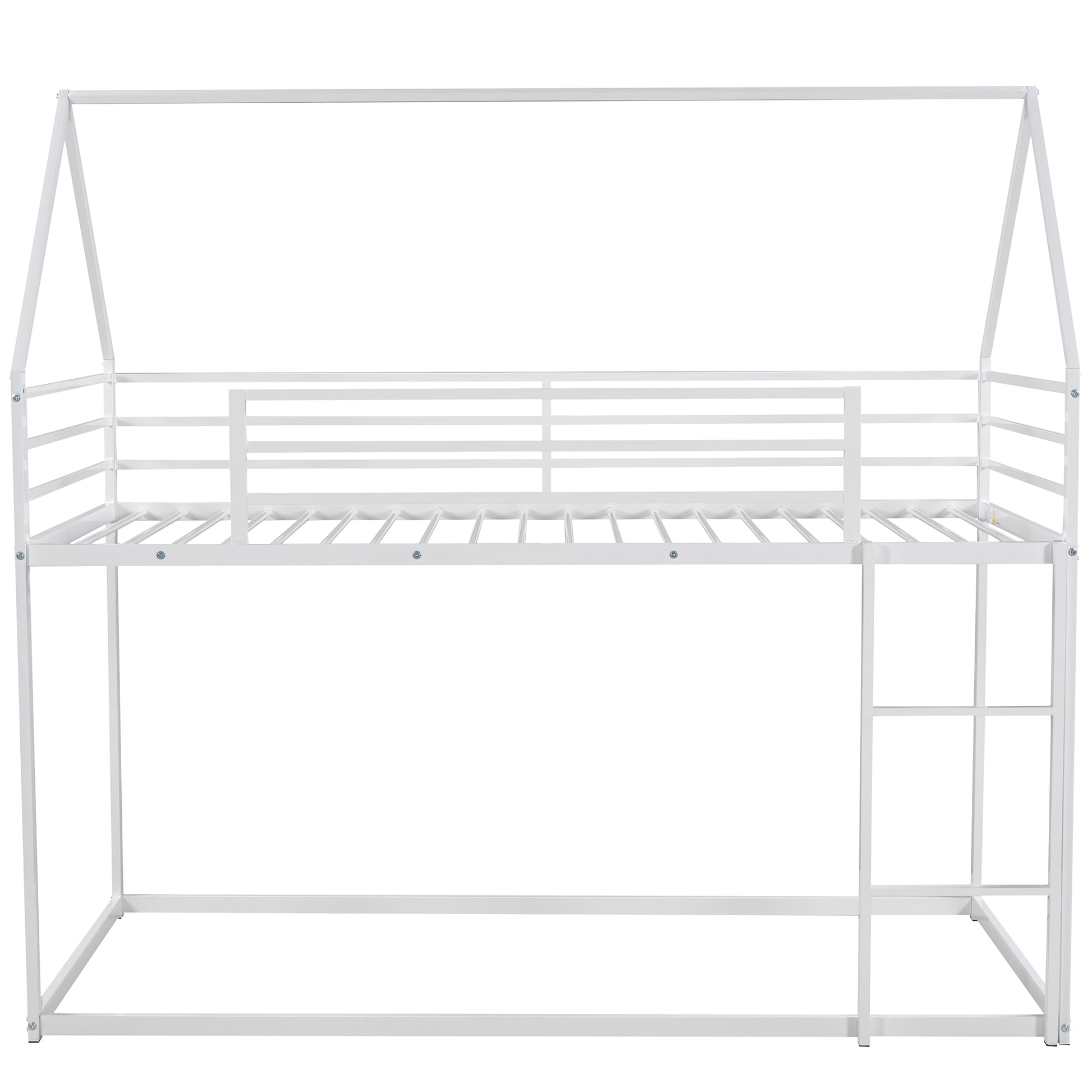 Twin Over Twin House Bunk Bed With Built In Ladder,White White Metal