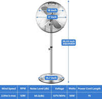 16 Inch Stand Fan, Adjustable Heights, Horizontal Ocillation 75 , 3 Settings Speeds, Low Noise, Quality Made Durable Fan, High Velocity, Heavy Duty Metal For Industrial, Commercial, Residential