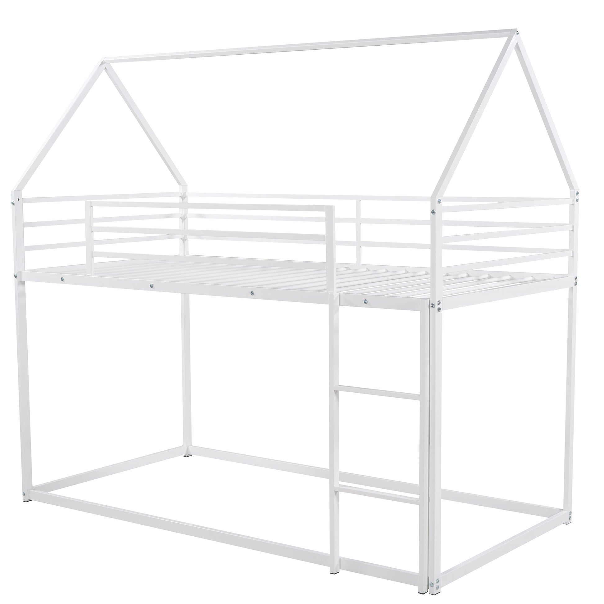 Twin Over Twin House Bunk Bed With Built In Ladder,White White Metal