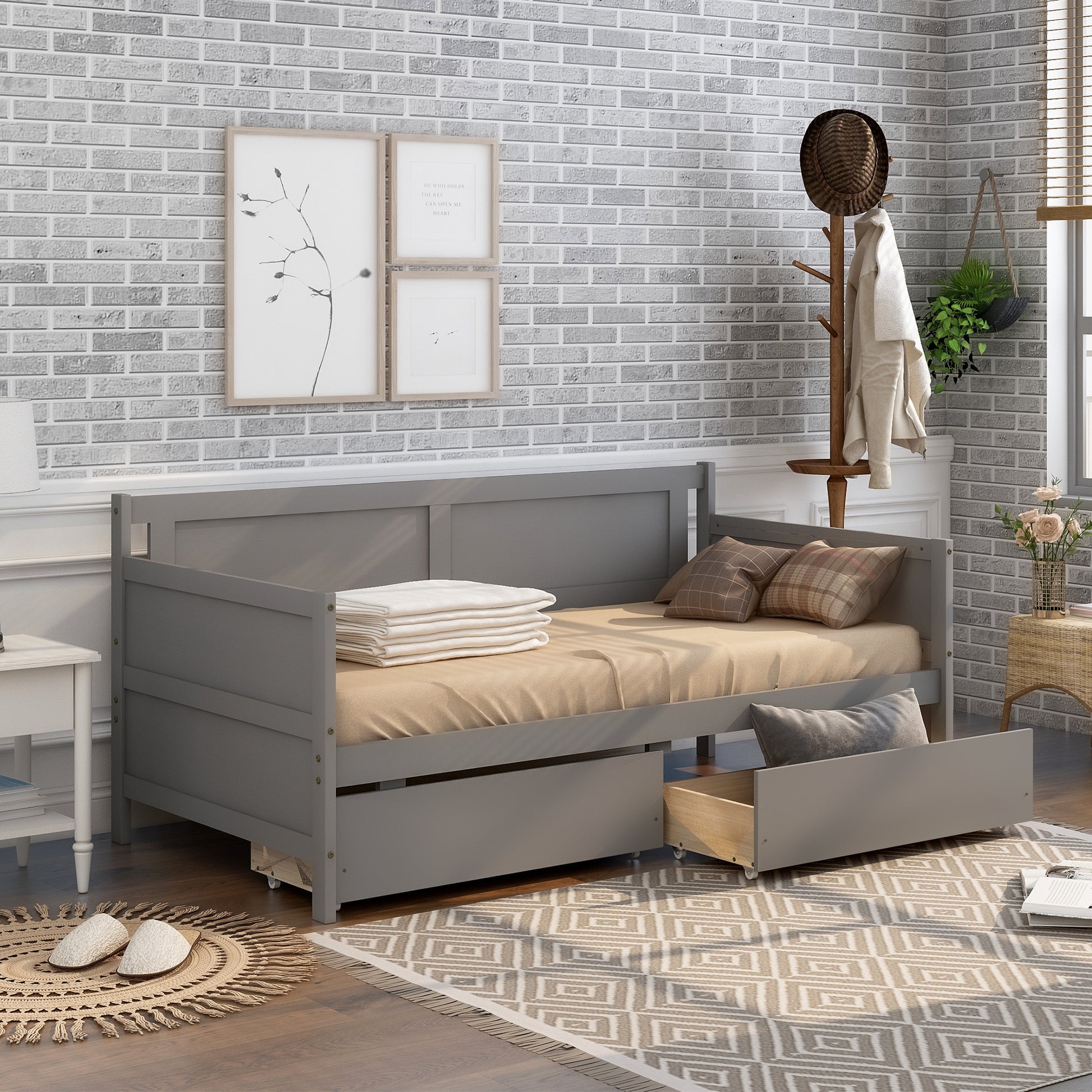 Daybed With Two Drawers, Twin Size Sofa Bed,Storage Drawers For Bedroom,Living Room ,Grey Sku:W504P149044 Twin Grey Pine