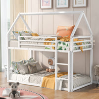 Twin Over Twin House Bunk Bed With Built In Ladder,White White Metal