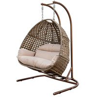 Brown Wicker Hanging Double Seat Swing Chair With Stand W Beige Cushion Beige Brown Rattan