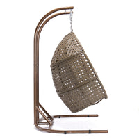 Brown Wicker Hanging Double Seat Swing Chair With Stand W Beige Cushion Beige Brown Rattan