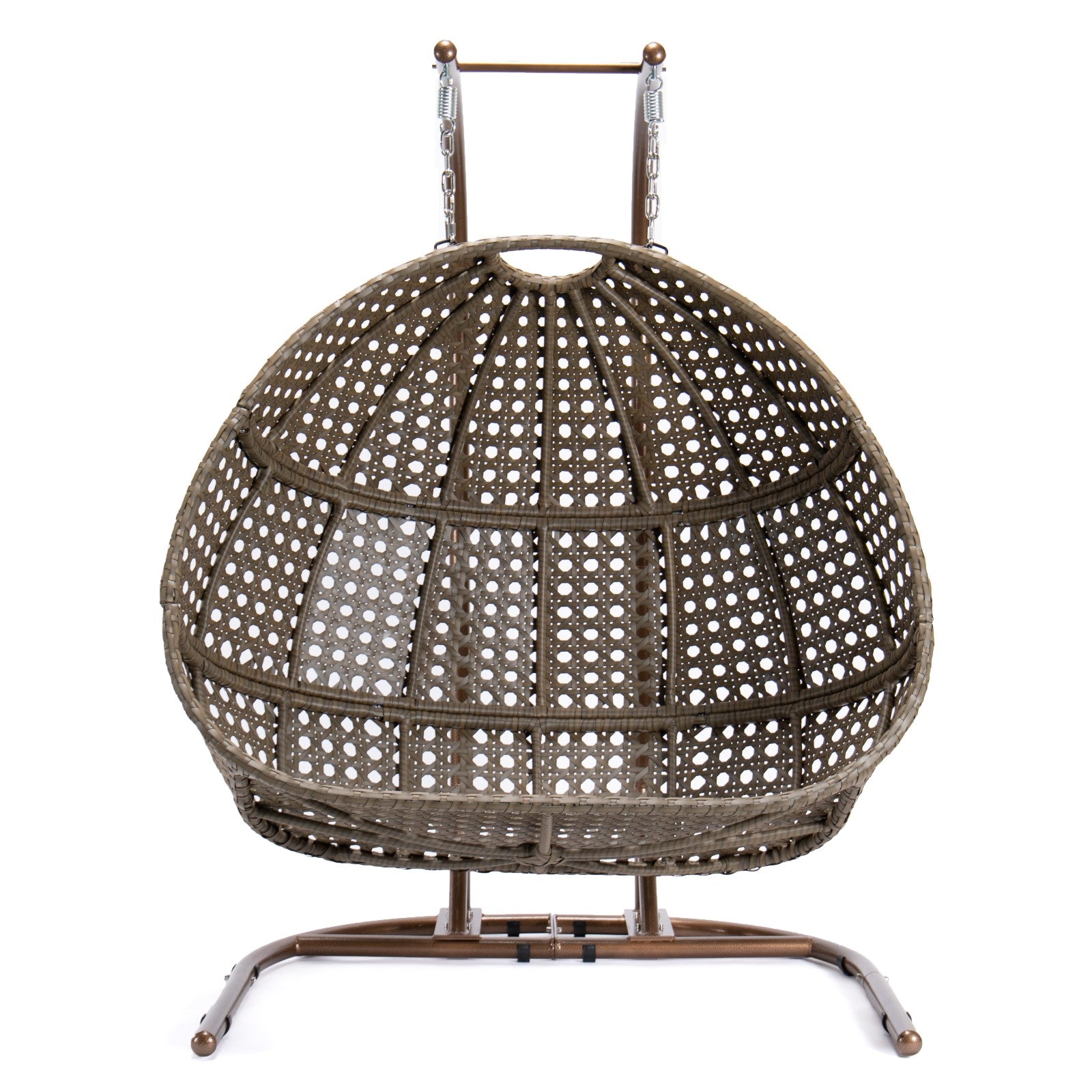Brown Wicker Hanging Double Seat Swing Chair With Stand W Beige Cushion Beige Brown Rattan