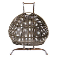 Brown Wicker Hanging Double Seat Swing Chair With Stand W Beige Cushion Beige Brown Rattan