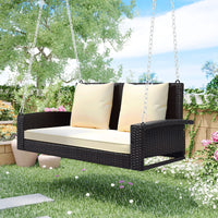 2 Person Wicker Hanging Porch Swing With Chains, Cushion, Pillow, Rattan Swing Bench For Garden, Backyard, Pond. Brown Wicker, Beige Cushion Brown Wicker