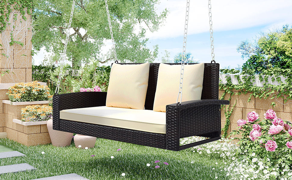 2 Person Wicker Hanging Porch Swing With Chains, Cushion, Pillow, Rattan Swing Bench For Garden, Backyard, Pond. Brown Wicker, Beige Cushion Brown Wicker