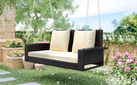 2 Person Wicker Hanging Porch Swing With Chains, Cushion, Pillow, Rattan Swing Bench For Garden, Backyard, Pond. Brown Wicker, Beige Cushion Brown Wicker