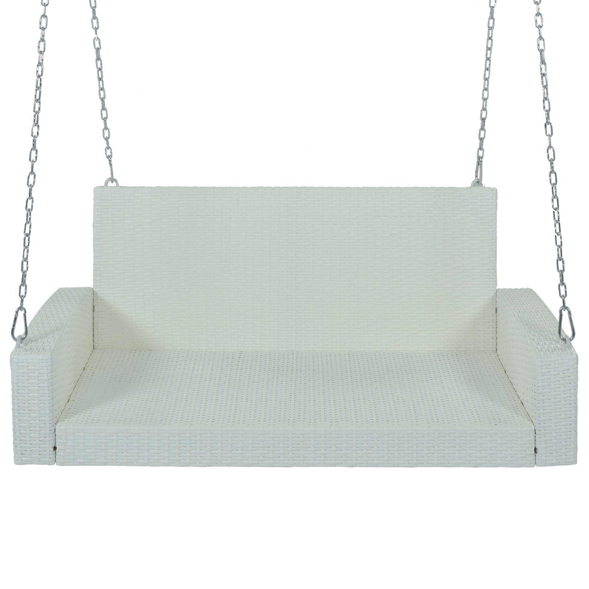 2 Person Wicker Hanging Porch Swing With Chains, Cushion, Pillow, Rattan Swing Bench For Garden, Backyard, Pond. White Wicker, Gray Cushion White Wicker