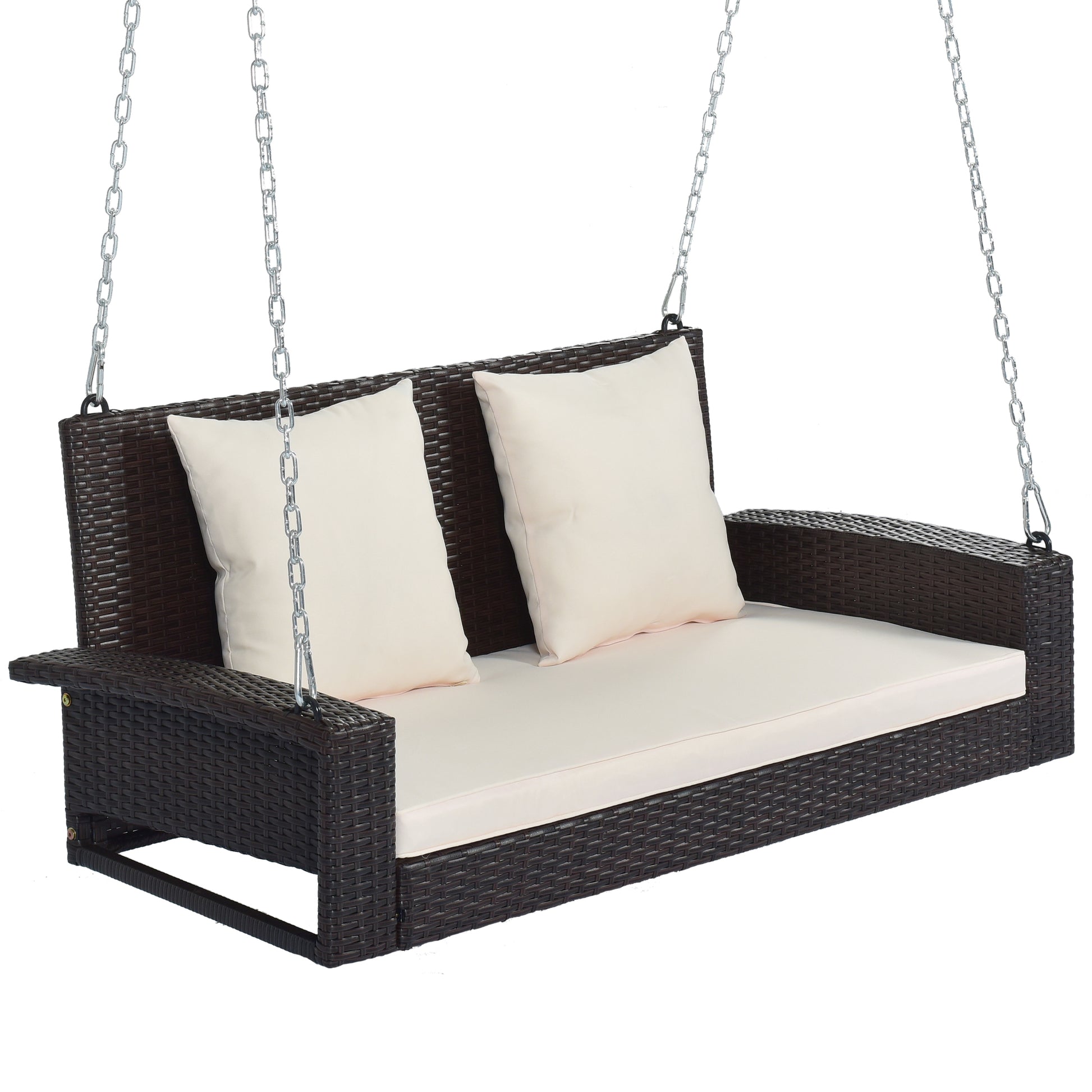 2 Person Wicker Hanging Porch Swing With Chains, Cushion, Pillow, Rattan Swing Bench For Garden, Backyard, Pond. Brown Wicker, Beige Cushion Brown Wicker