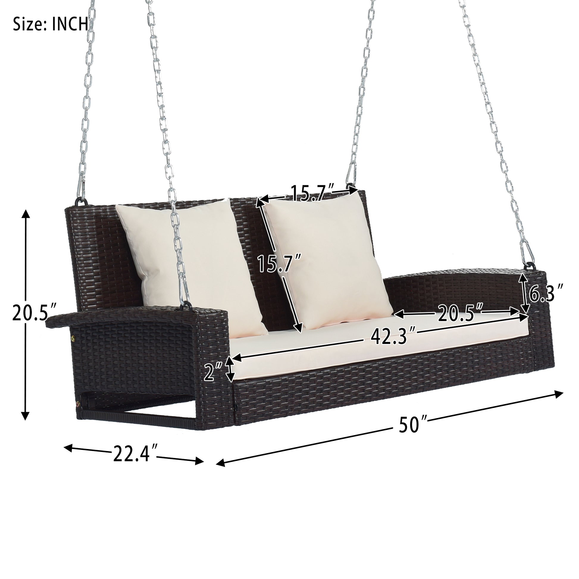 2 Person Wicker Hanging Porch Swing With Chains, Cushion, Pillow, Rattan Swing Bench For Garden, Backyard, Pond. Brown Wicker, Beige Cushion Brown Wicker