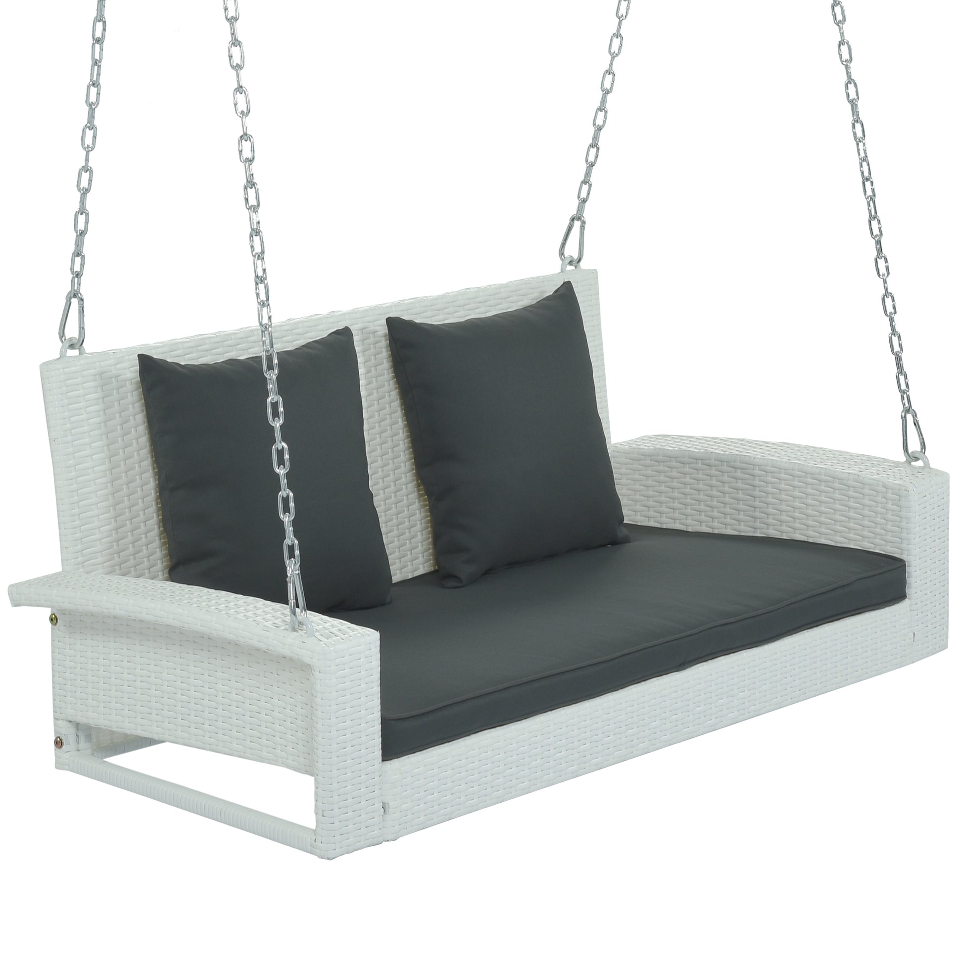 2 Person Wicker Hanging Porch Swing With Chains, Cushion, Pillow, Rattan Swing Bench For Garden, Backyard, Pond. White Wicker, Gray Cushion White Wicker