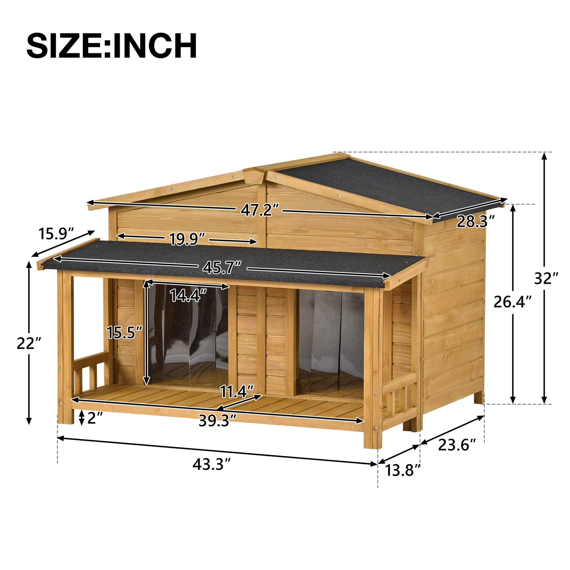 47.2" Large Wooden Dog House Outdoor, Outdoor & Indoor Dog Crate, Cabin Style, With Porch, 2 Doors Wood Outdoor Kennel Medium 26 40 Lbs Solid Wood