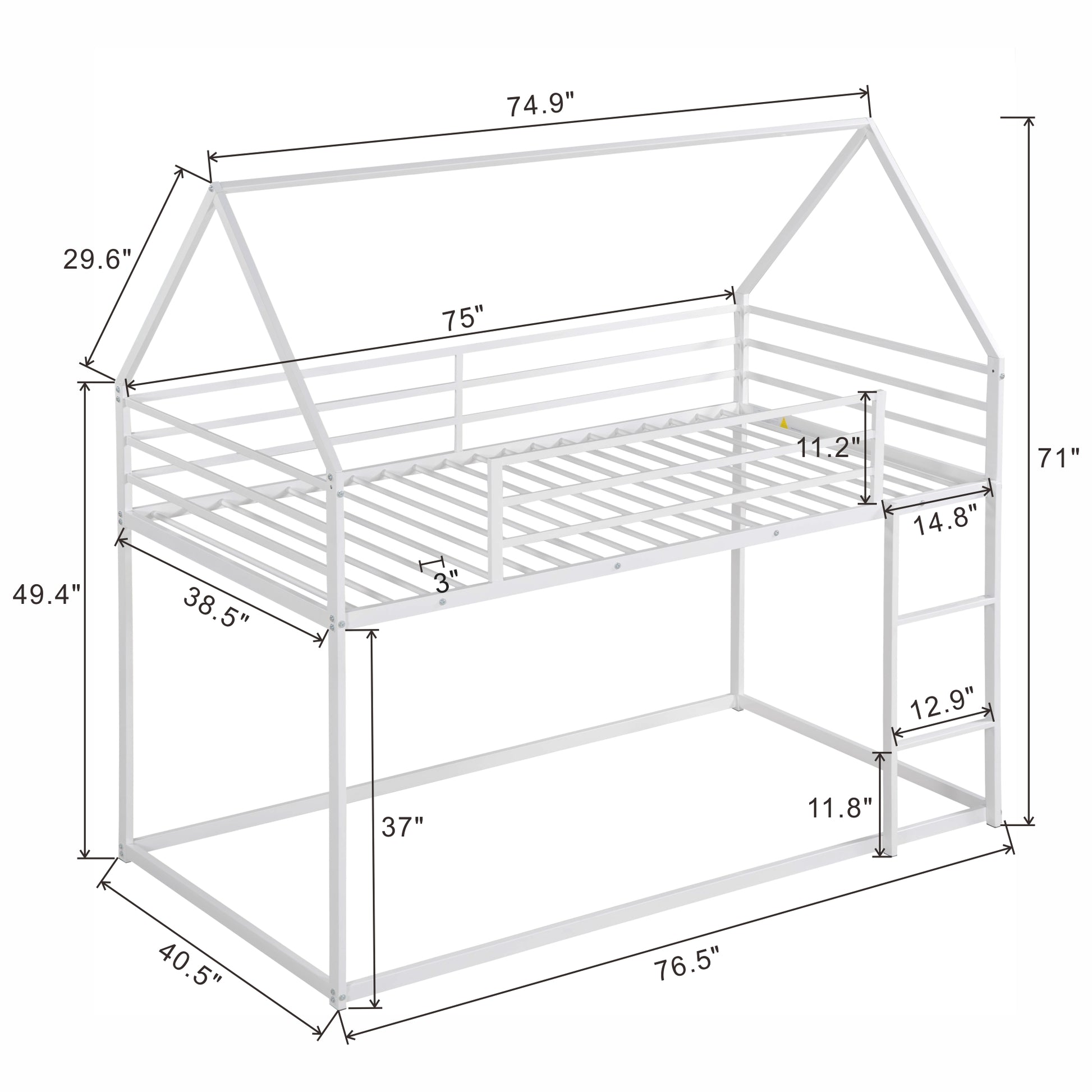 Twin Over Twin House Bunk Bed With Built In Ladder,White White Metal