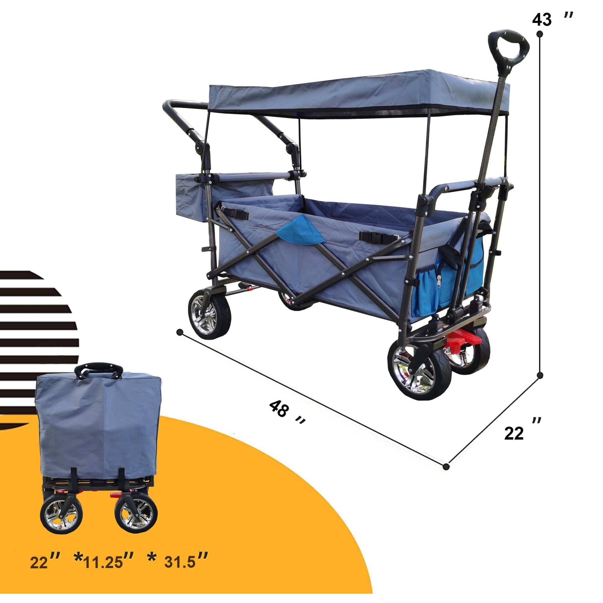 Push & Pull Utility Folding Wagon With Removable Canopy Gray Oxford Fabric Metal