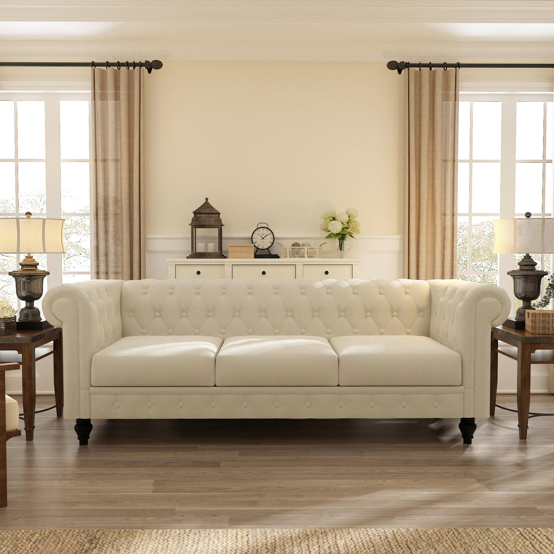 Elegant Beige Chesterfield Sofa 3 Seater Plush Fabric With Tufted Buttons And Wooden Legs Classic Design, Comfortable And Durable For Living Room Furniture Temu Suitable Beige Velvet 3 Seat