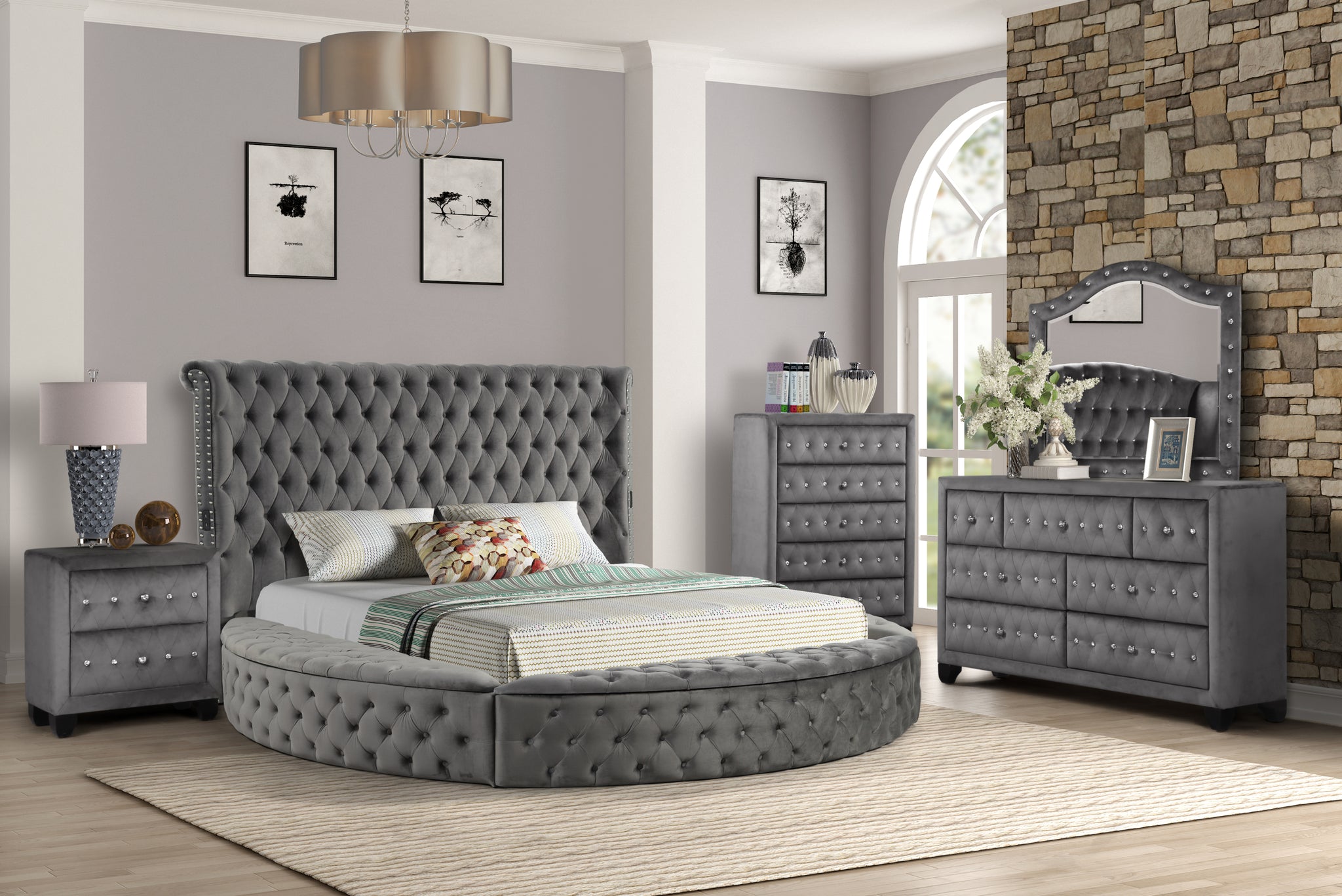 Hazel King 5 Pc Bedroom Set Made With Wood In Gray Color Box Spring Not Required King Grey Wood 5 Piece Set Bedroom Bed Included,Chest Included,Dresser Included,Mirror Included,Nightstand Included Contemporary,Modern Upholstered Velvet Tufted Wood