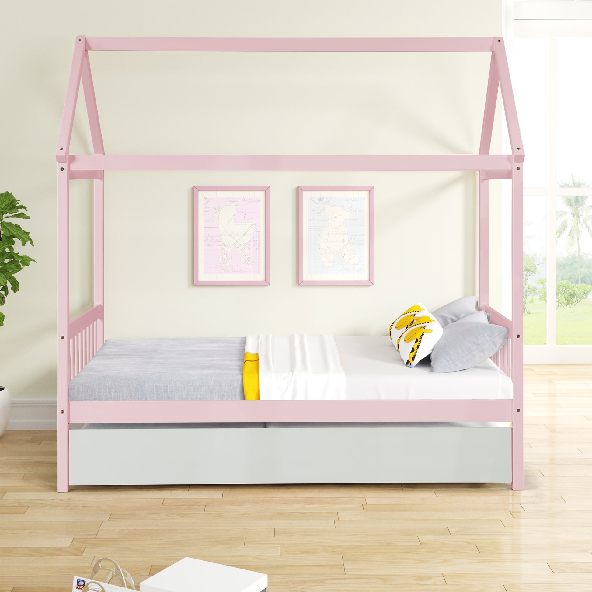 Solid Wood Twin House Bed Frame With Twin Size Trundle For Warm Pink Color, No Box Spring Needed Pink Pine