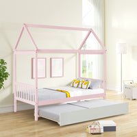 Solid Wood Twin House Bed Frame With Twin Size Trundle For Warm Pink Color, No Box Spring Needed Pink Pine