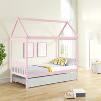 Solid Wood Twin House Bed Frame With Twin Size Trundle For Warm Pink Color, No Box Spring Needed Pink Pine