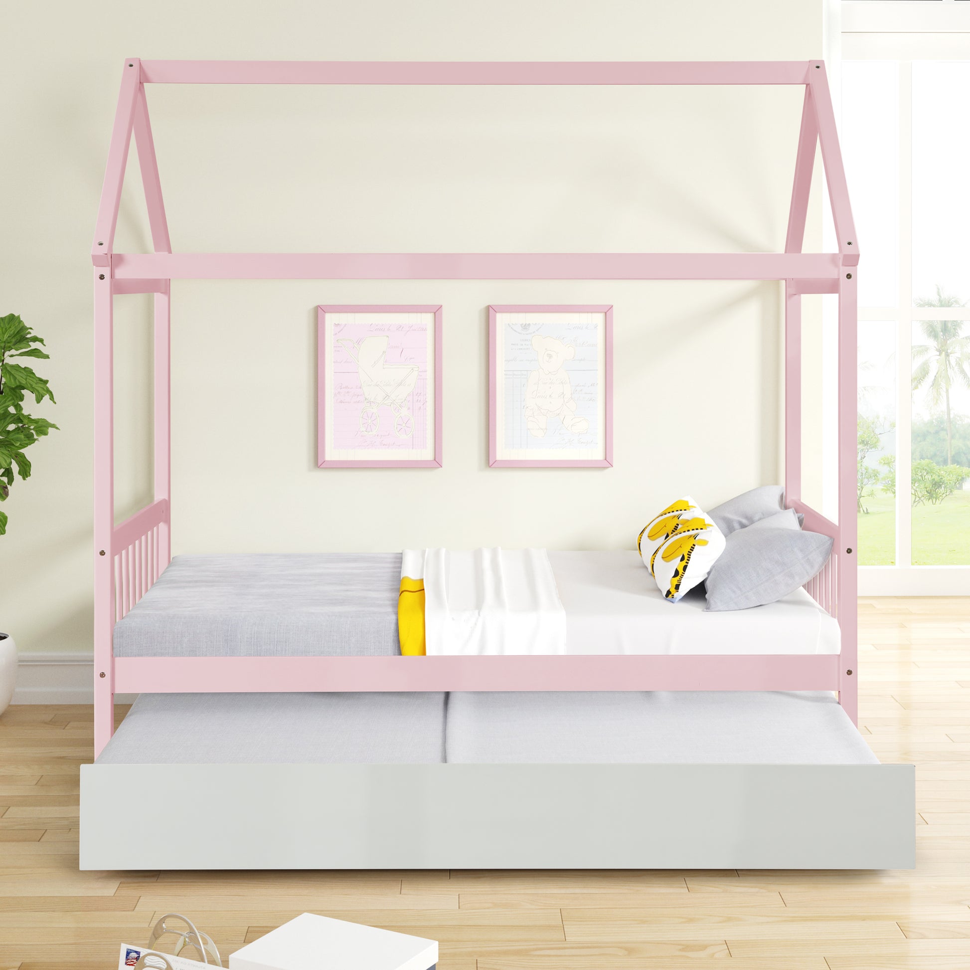 Solid Wood Twin House Bed Frame With Twin Size Trundle For Warm Pink Color, No Box Spring Needed Pink Pine