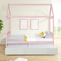 Solid Wood Twin House Bed Frame With Twin Size Trundle For Warm Pink Color, No Box Spring Needed Pink Pine