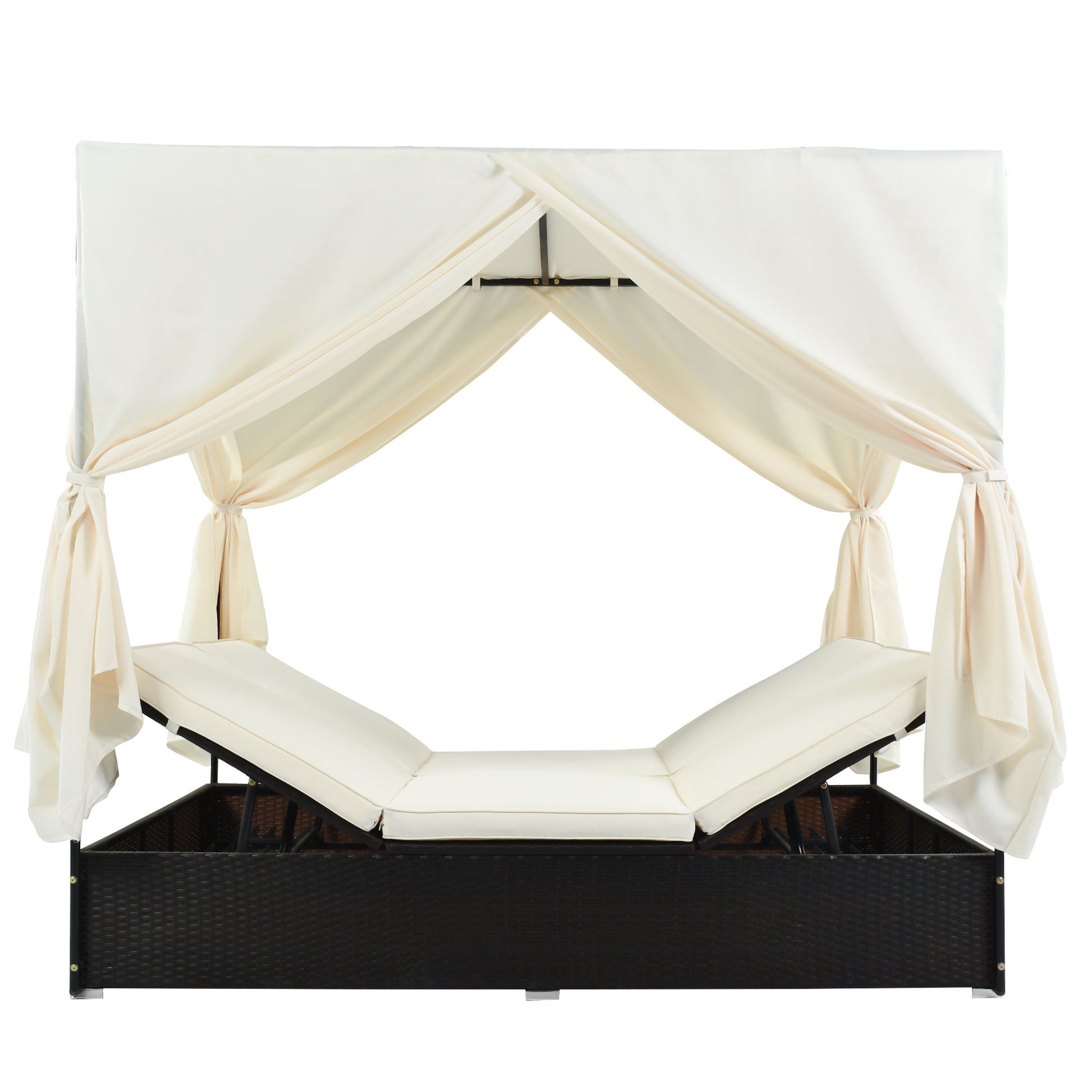 Outdoor Patio Wicker Sunbed Daybed With Cushions, Adjustable Seats Beige Rattan