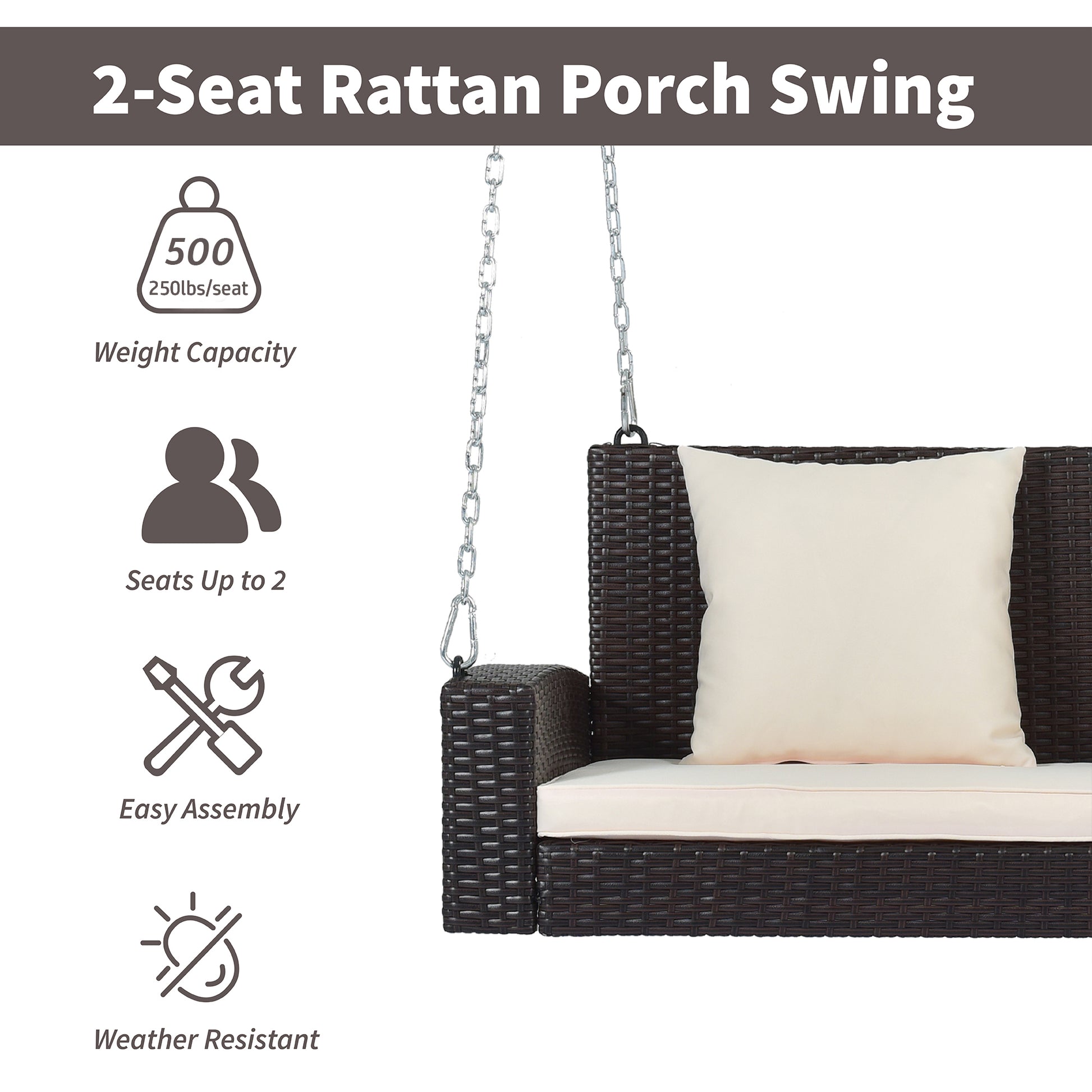 2 Person Wicker Hanging Porch Swing With Chains, Cushion, Pillow, Rattan Swing Bench For Garden, Backyard, Pond. Brown Wicker, Beige Cushion Brown Wicker