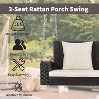 2 Person Wicker Hanging Porch Swing With Chains, Cushion, Pillow, Rattan Swing Bench For Garden, Backyard, Pond. Brown Wicker, Beige Cushion Brown Wicker