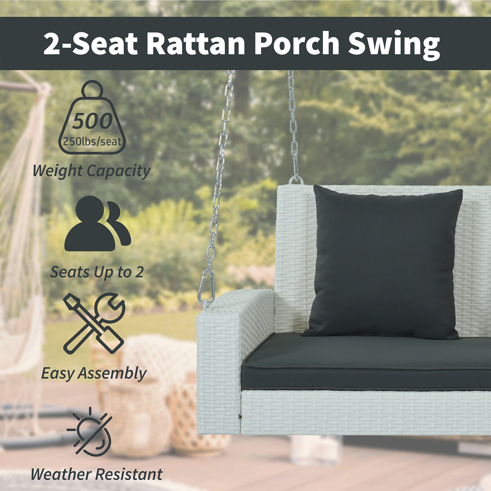 2 Person Wicker Hanging Porch Swing With Chains, Cushion, Pillow, Rattan Swing Bench For Garden, Backyard, Pond. White Wicker, Gray Cushion White Wicker