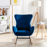 Velvet Fabric Padded Seat Rocking Chair With High Backrest And Armrests Blue Foam Upholstered