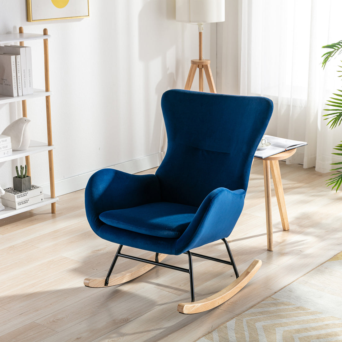 Velvet Fabric Padded Seat Rocking Chair With High Backrest And Armrests Blue Foam Upholstered