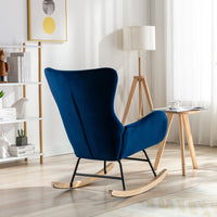 Velvet Fabric Padded Seat Rocking Chair With High Backrest And Armrests Blue Foam Upholstered