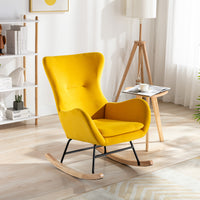 Velvet Fabric Padded Seat Rocking Chair With High Backrest And Armrests Yellow Foam Upholstered