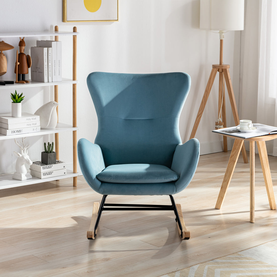 Velvet Fabric Padded Seat Rocking Chair With High Backrest And Armrests Light Blue Foam Upholstered