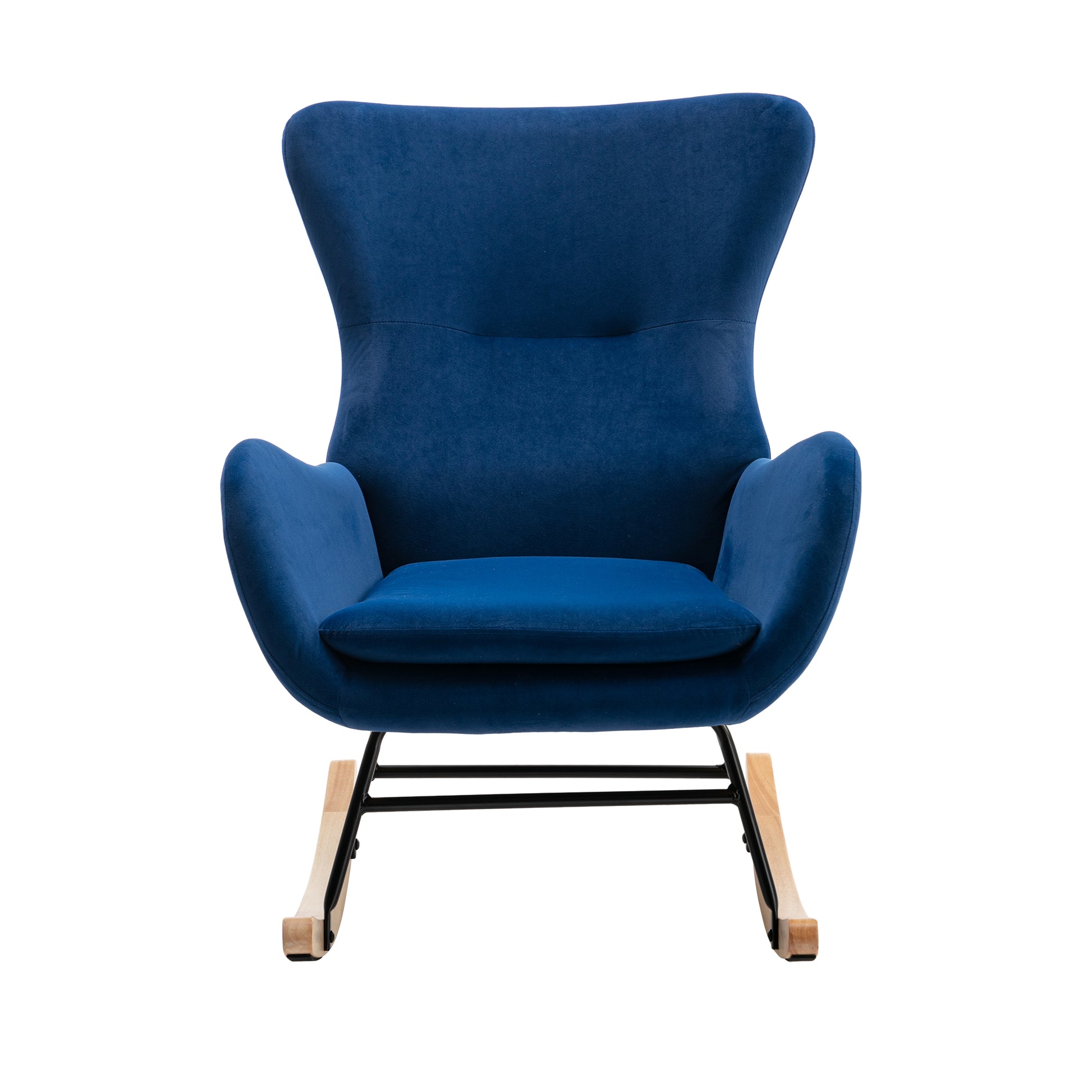 Velvet Fabric Padded Seat Rocking Chair With High Backrest And Armrests Blue Foam Upholstered