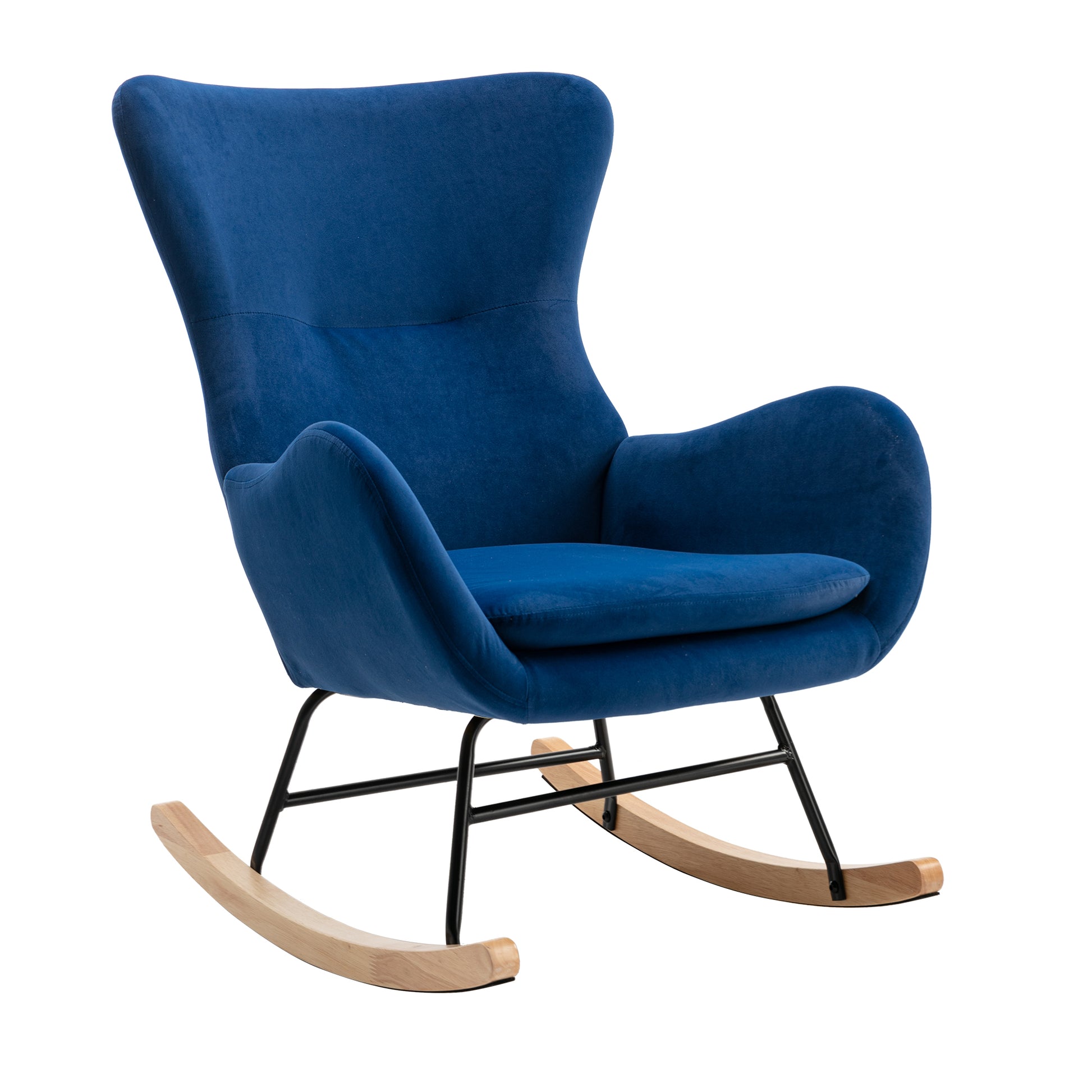 Velvet Fabric Padded Seat Rocking Chair With High Backrest And Armrests Blue Foam Upholstered