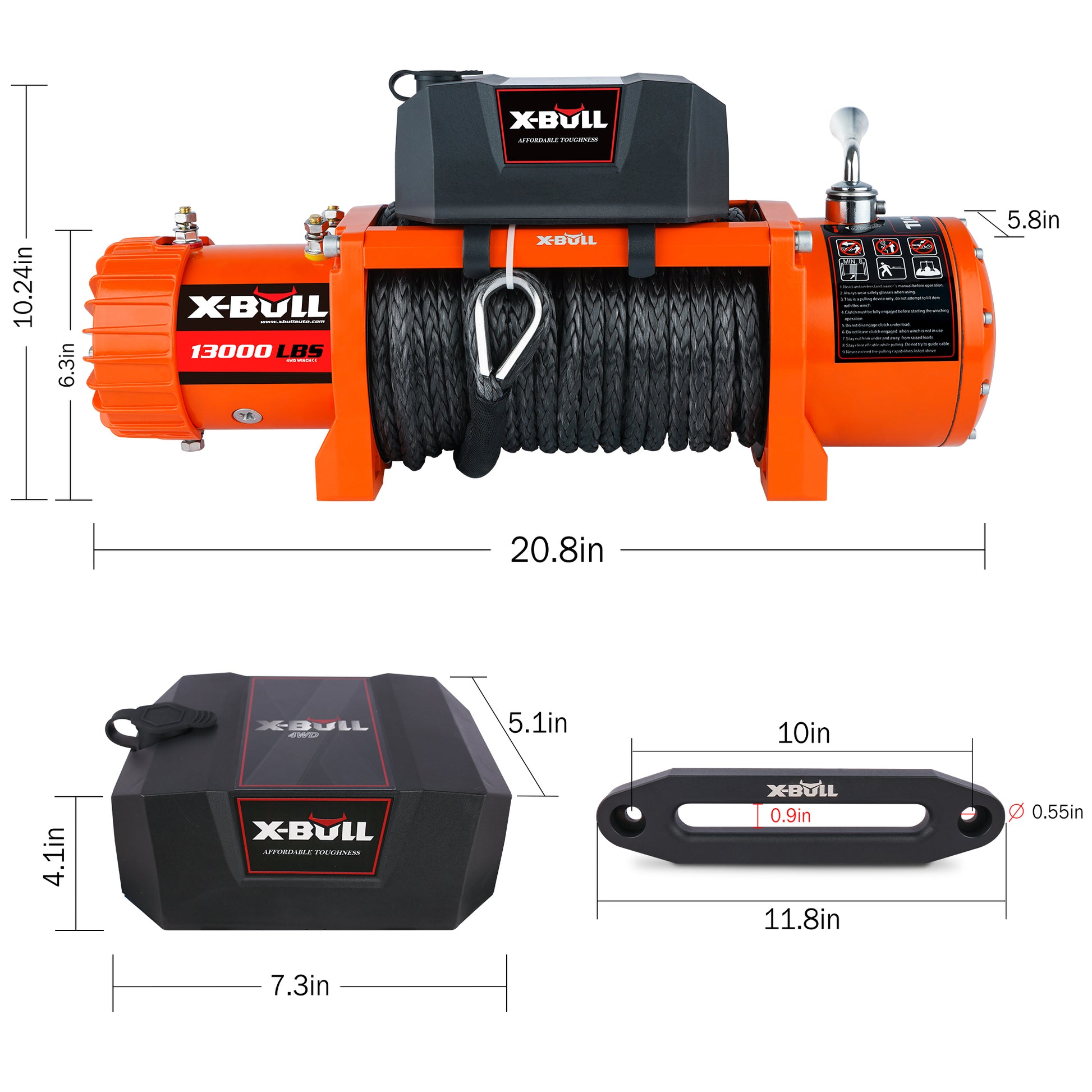 Electric Winch 13000 Lbs 12V Synthetic Rope Upgraded Version Orange Stainless Steel