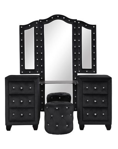 Hazel Queen 5 Pc Vanity Bedroom Set Made With Wood In Black Color Black Bedroom Modern Upholstered Wood