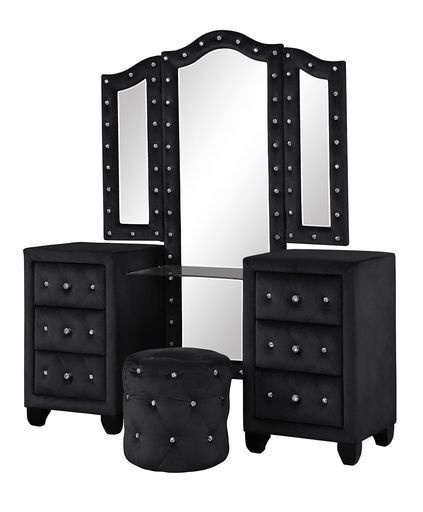 Hazel Queen 5 Pc Vanity Bedroom Set Made With Wood In Black Color Black Bedroom Modern Upholstered Wood