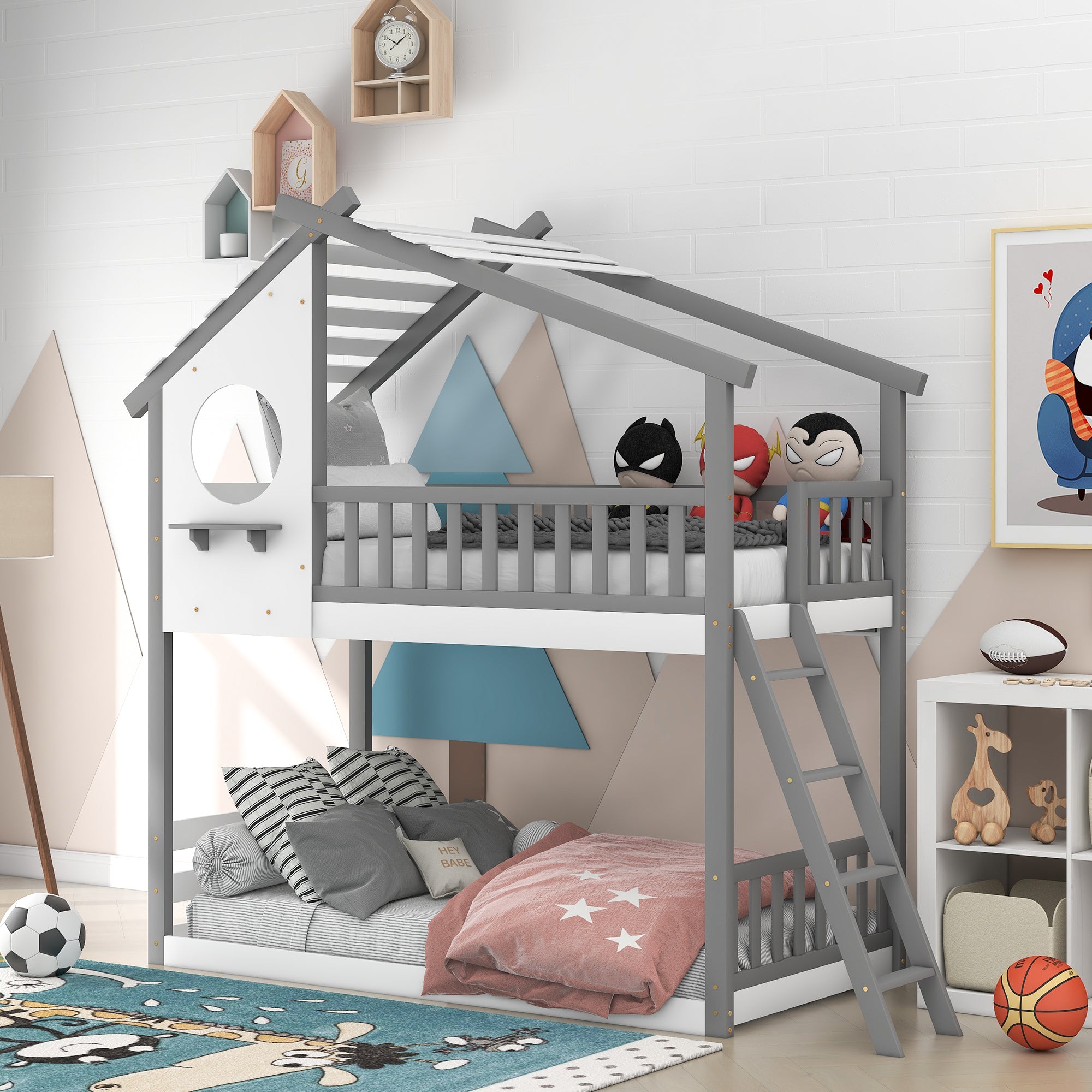 Twin Over Twin Bunk Bed Wood Bed With Roof, Window, Ladder Gray Old Sku :Lp000008Aae Twin Gray Solid Wood