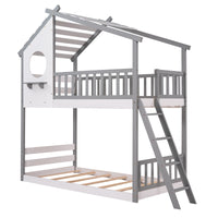 Twin Over Twin Bunk Bed Wood Bed With Roof, Window, Ladder Gray Old Sku :Lp000008Aae Twin Gray Solid Wood