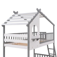 Twin Over Twin Bunk Bed Wood Bed With Roof, Window, Ladder Gray Old Sku :Lp000008Aae Twin Gray Solid Wood