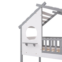 Twin Over Twin Bunk Bed Wood Bed With Roof, Window, Ladder Gray Old Sku :Lp000008Aae Twin Gray Solid Wood