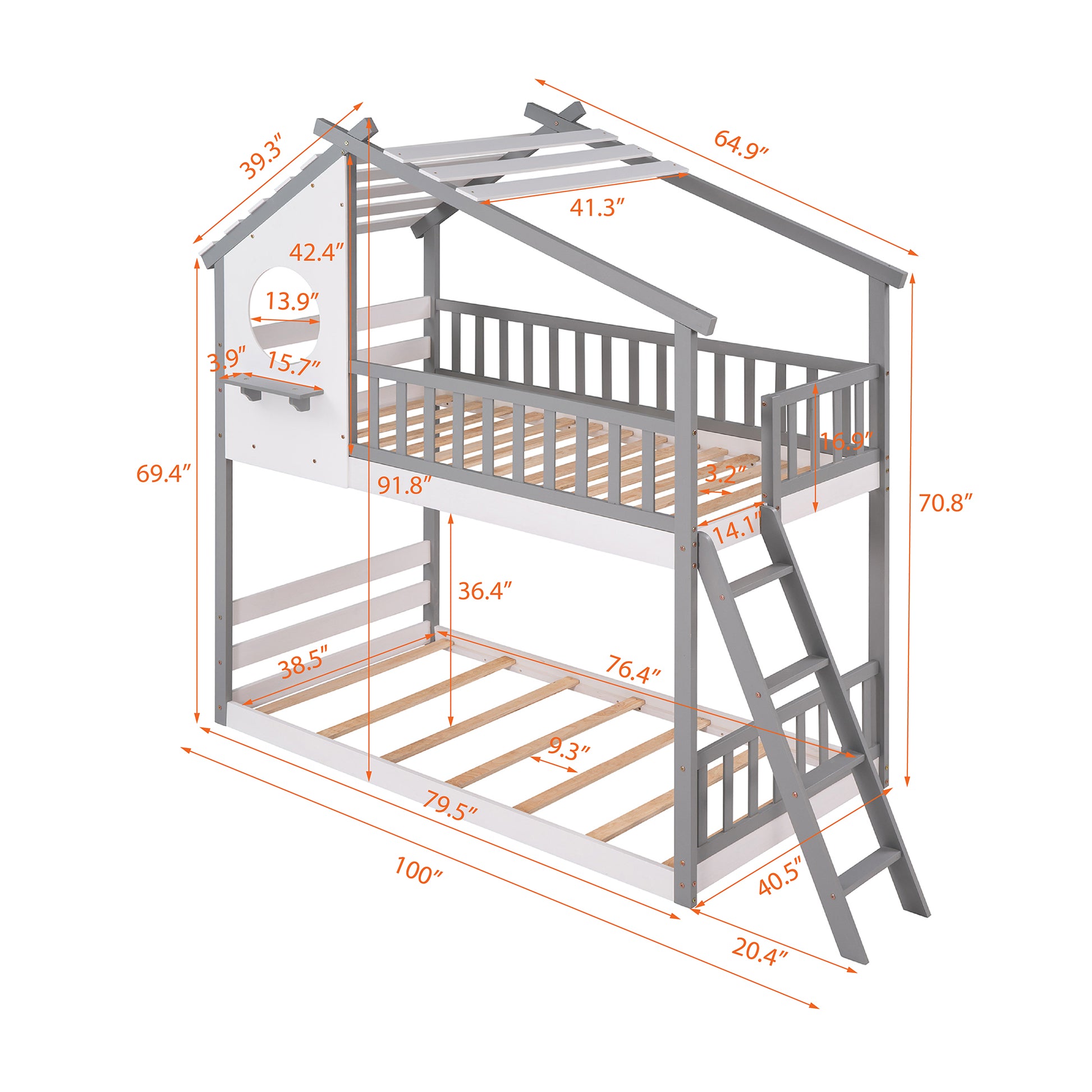 Twin Over Twin Bunk Bed Wood Bed With Roof, Window, Ladder Gray Old Sku :Lp000008Aae Twin Gray Solid Wood