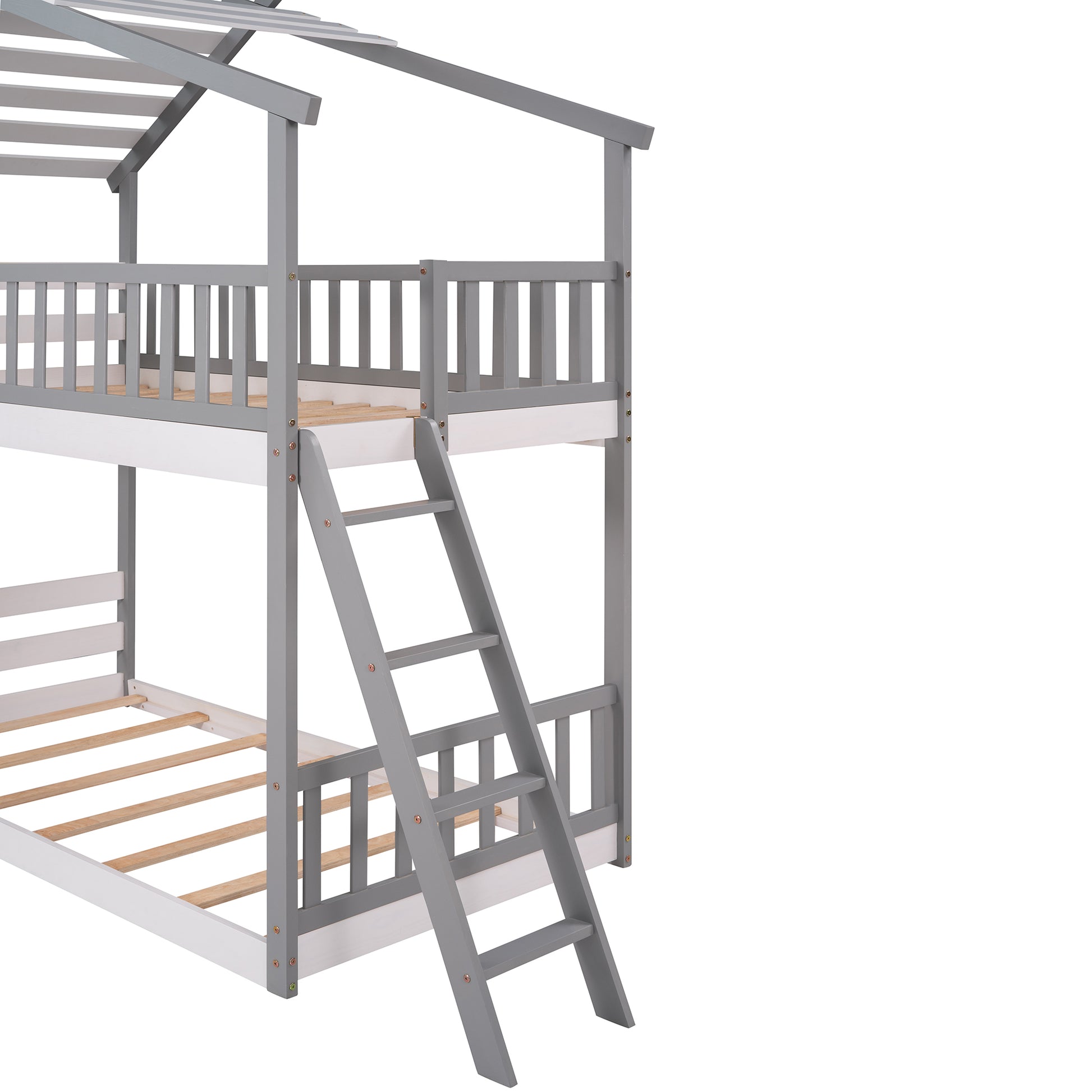 Twin Over Twin Bunk Bed Wood Bed With Roof, Window, Ladder Gray Old Sku :Lp000008Aae Twin Gray Solid Wood