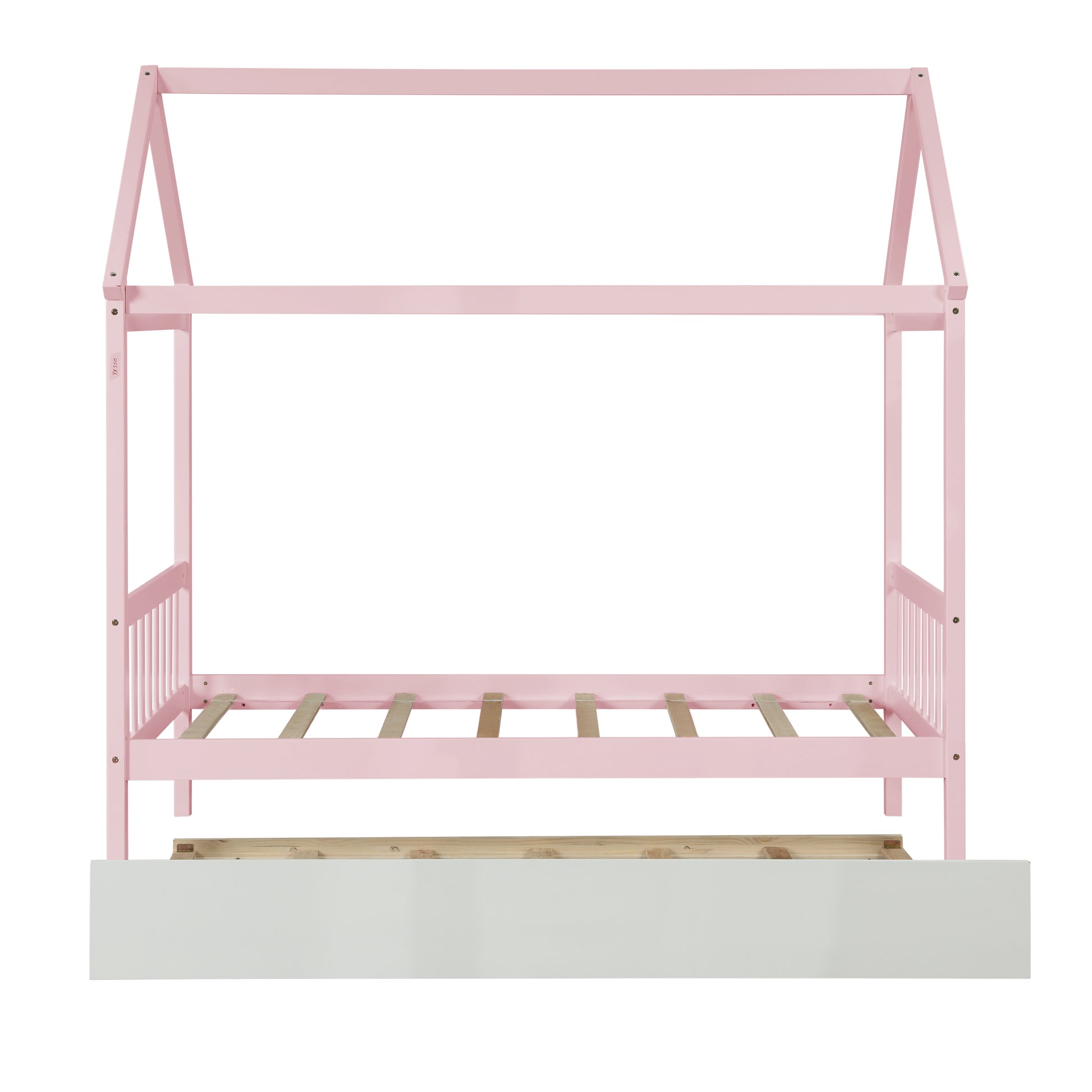 Solid Wood Twin House Bed Frame With Twin Size Trundle For Warm Pink Color, No Box Spring Needed Pink Pine