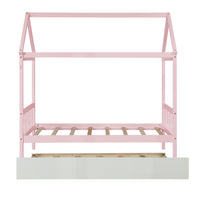 Solid Wood Twin House Bed Frame With Twin Size Trundle For Warm Pink Color, No Box Spring Needed Pink Pine