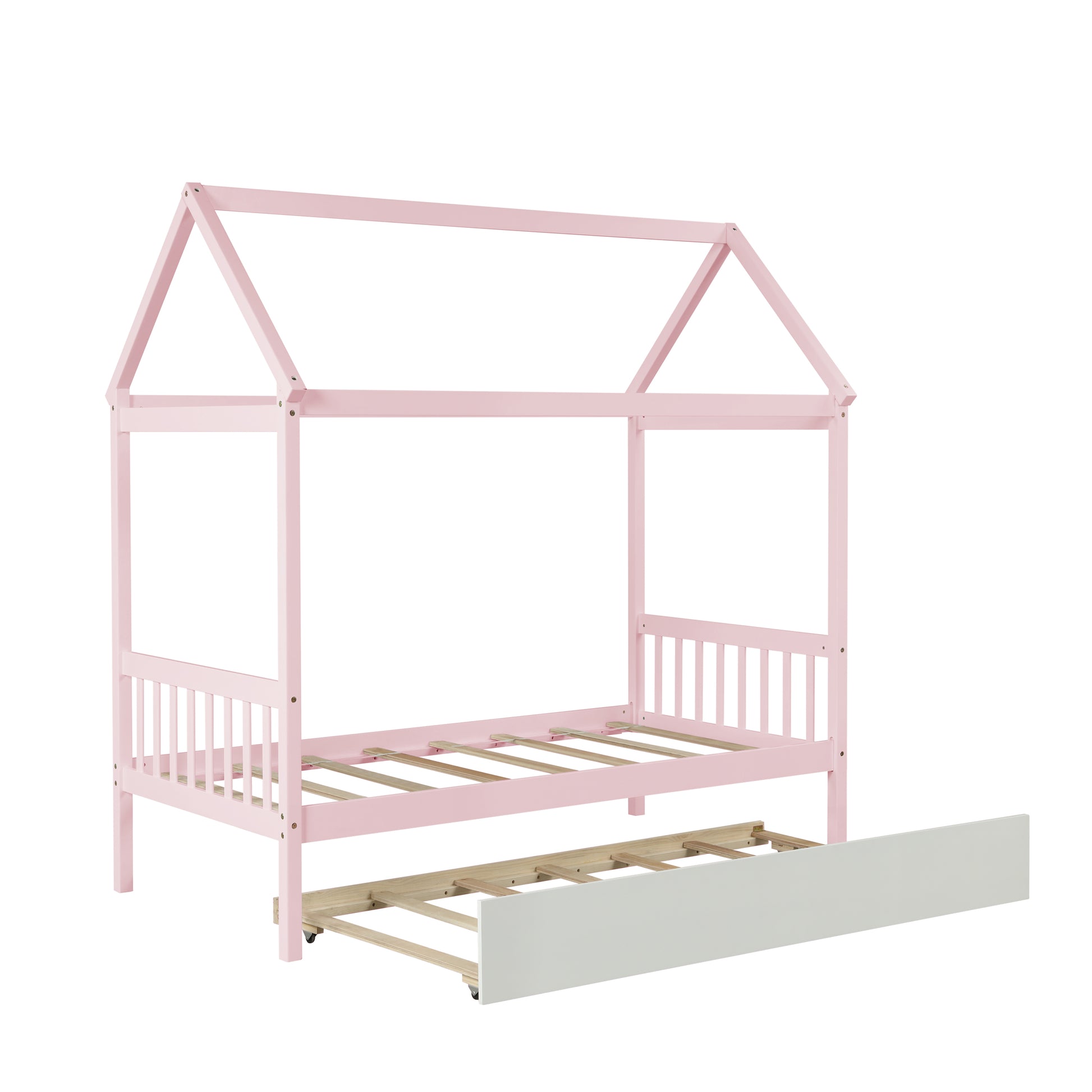 Solid Wood Twin House Bed Frame With Twin Size Trundle For Warm Pink Color, No Box Spring Needed Pink Pine