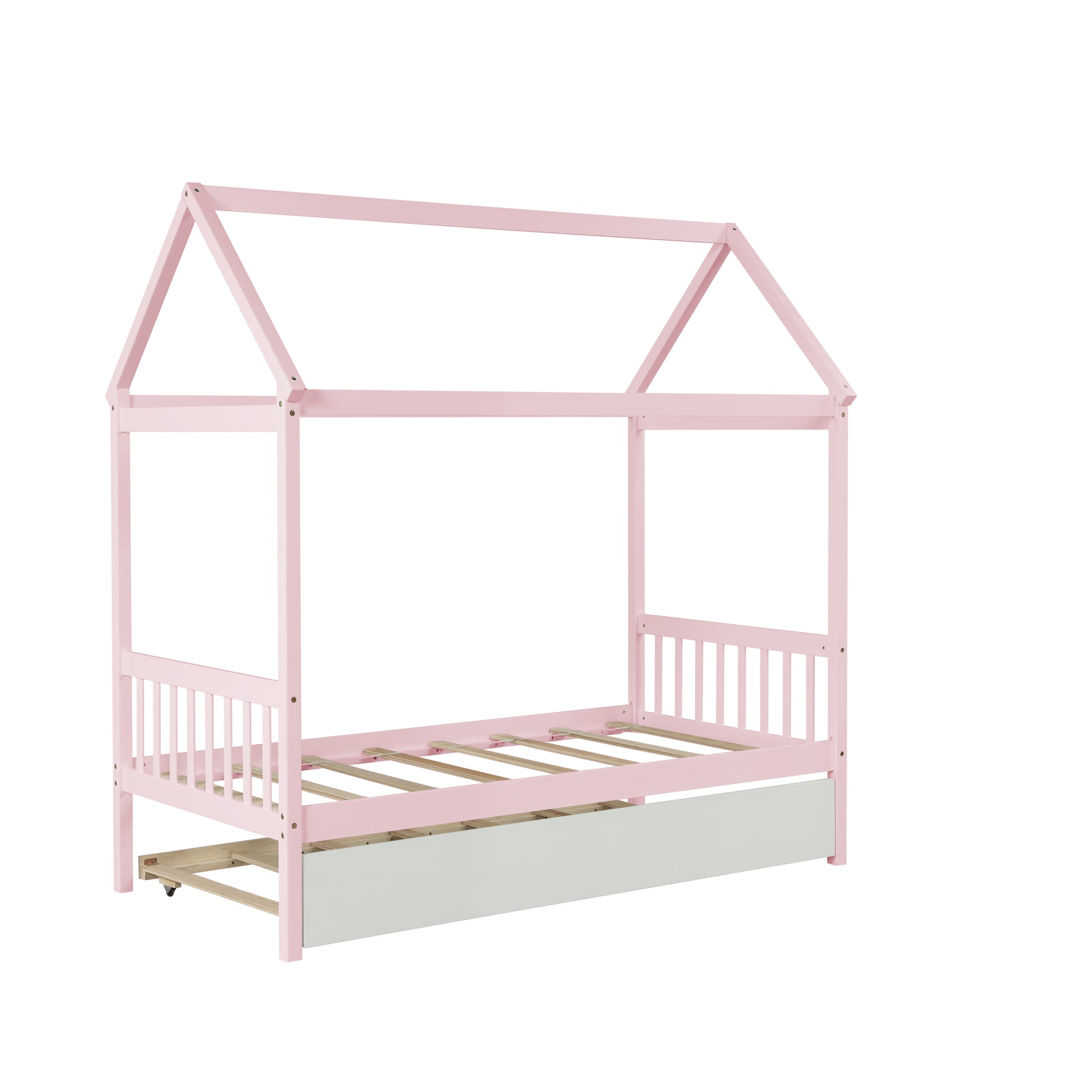 Solid Wood Twin House Bed Frame With Twin Size Trundle For Warm Pink Color, No Box Spring Needed Pink Pine